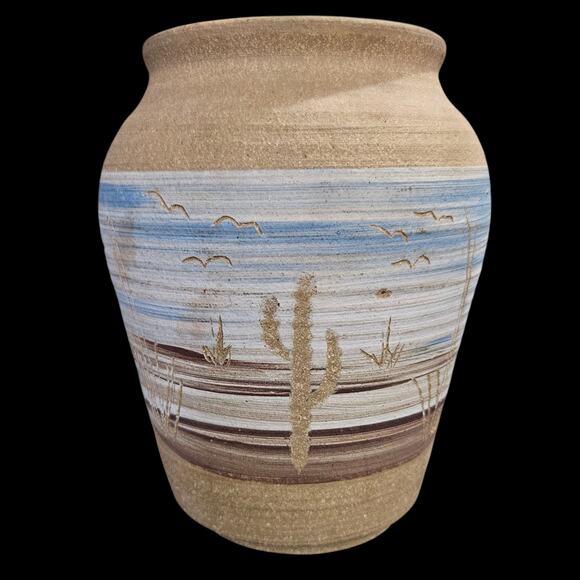 Prairie Pottery Vase Desert Scene Blue Brown Tan Handmade Southwest Art - Picture 1 of 7